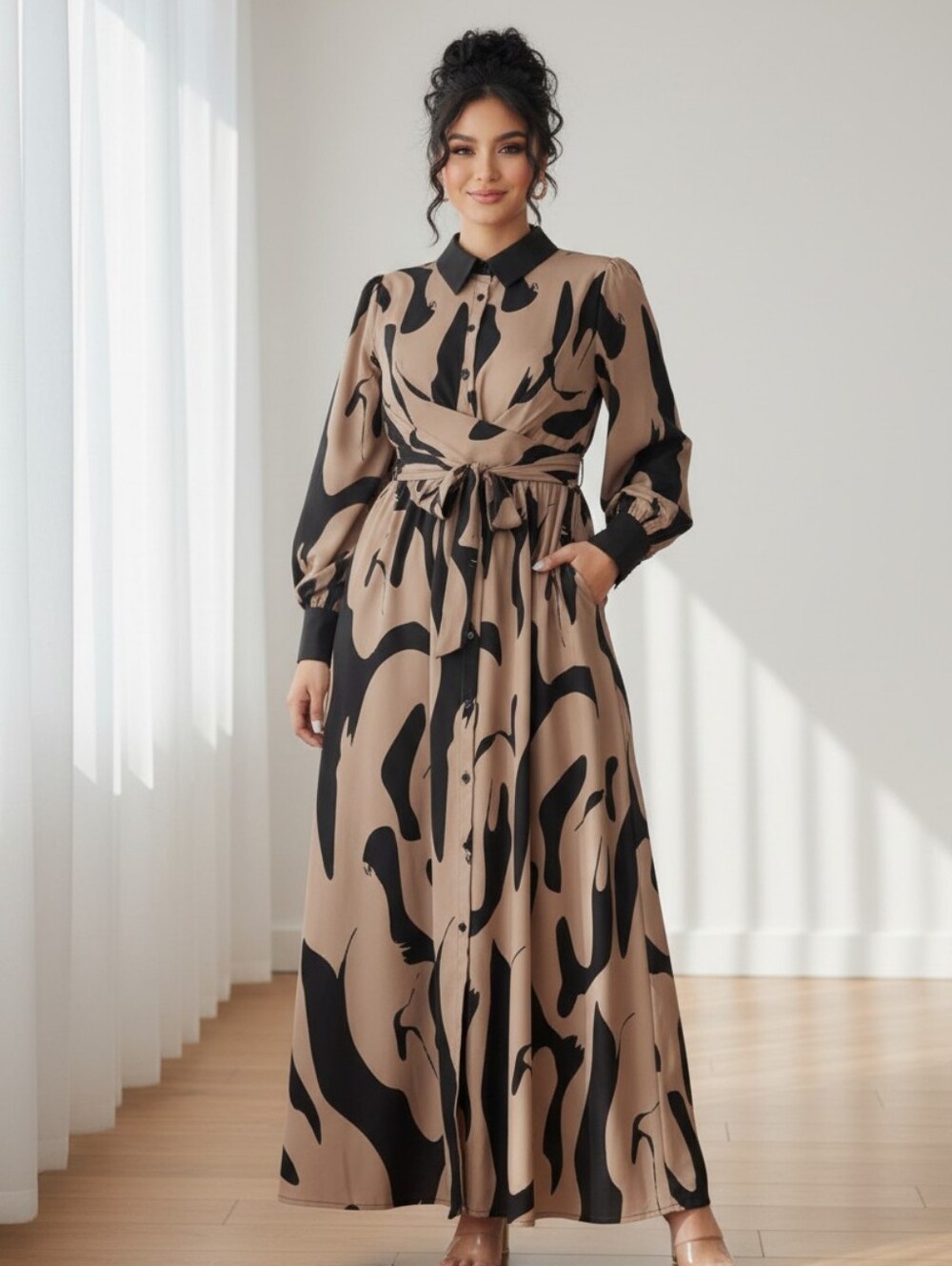 Women’s Maxi SHEIN Shirt Dress in Beige and Black Abstract Print